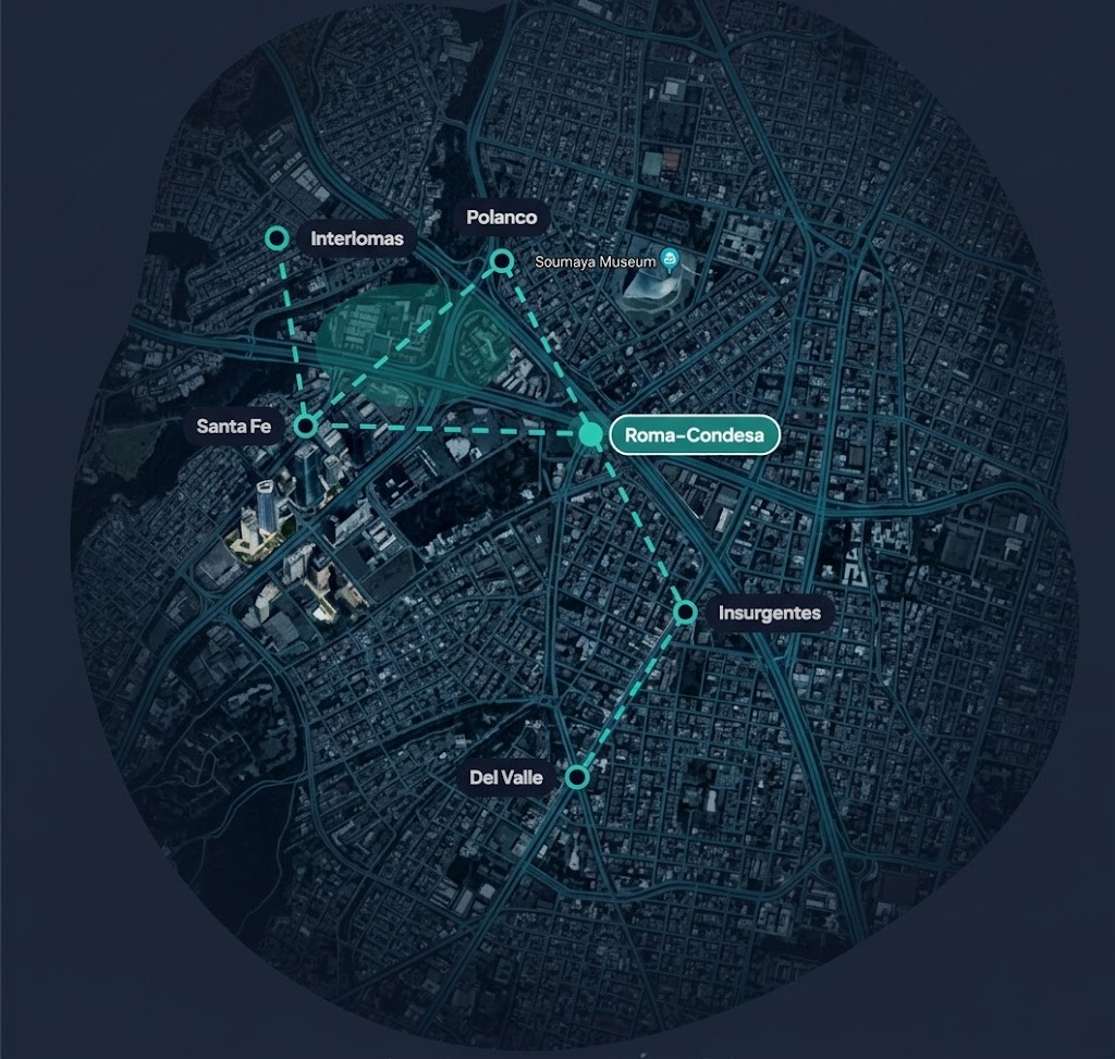Mapa satelital de Ciudad de México con la red ChargeGrid en Polanco, Roma–Condesa, Santa Fe, Interlomas, Insurgentes y Del Valle